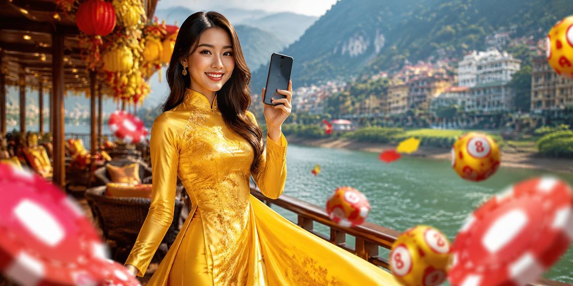 Người phụ nữ mặc áo dài tại Sapa tham gia xổ số trực tuyến và nhận ưu đãi khuyến mãi